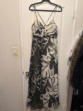 Express spaghetti strapped long black and white floral dress